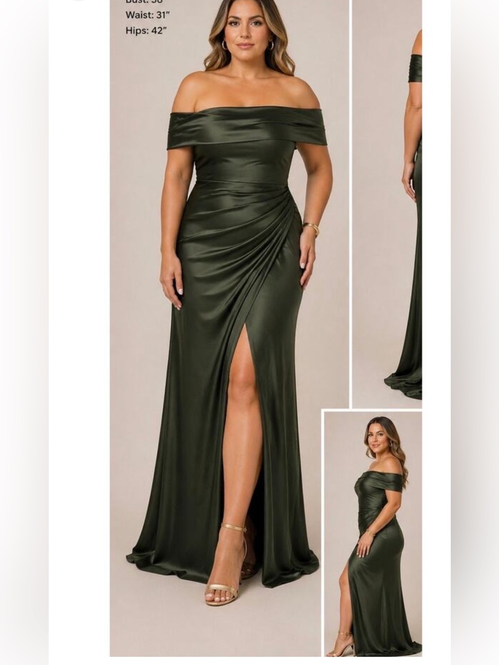 OYS Formal Gown Bodycon Slit Ruched Off-Shoulder Satin Moss Green L